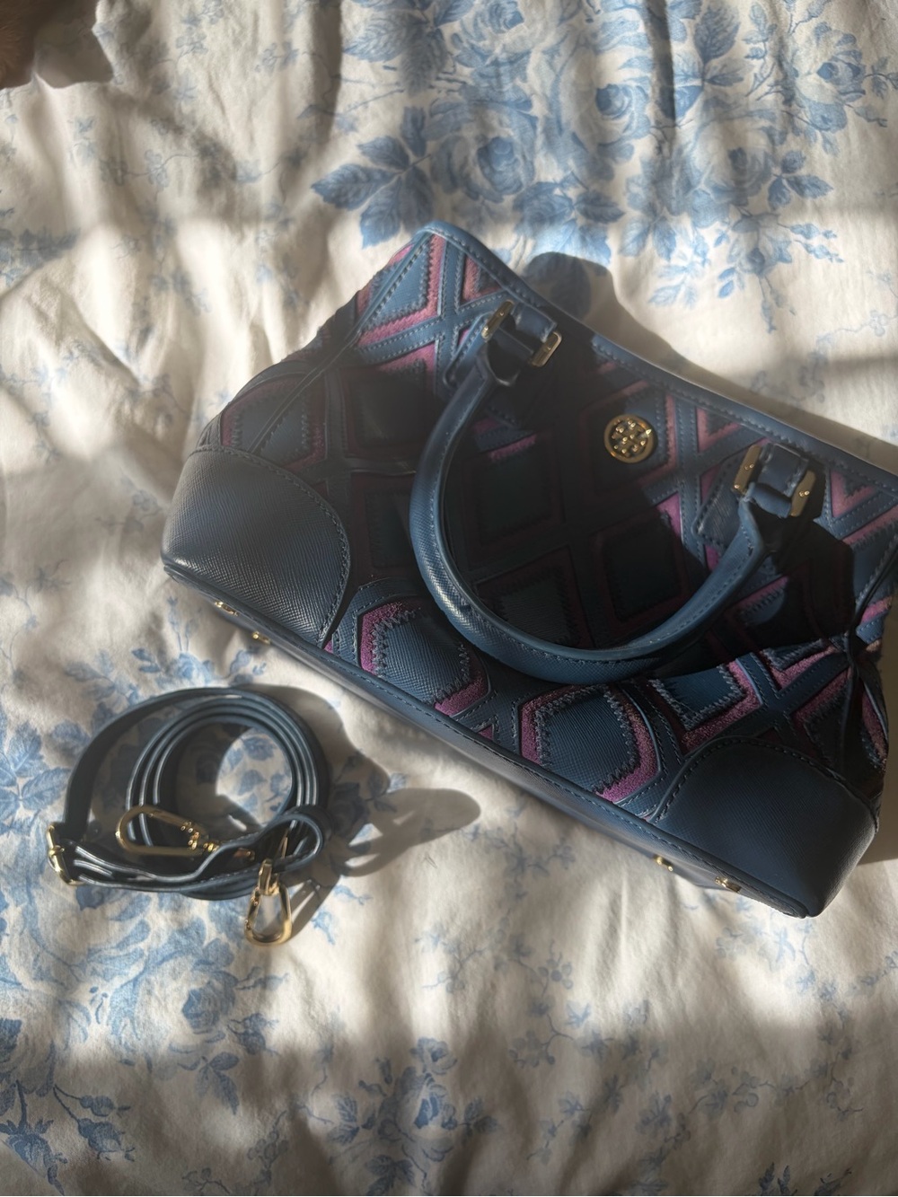 Tory Burch Navy and Magenta Quilted Diamond Satchel - Picture 3 of 3